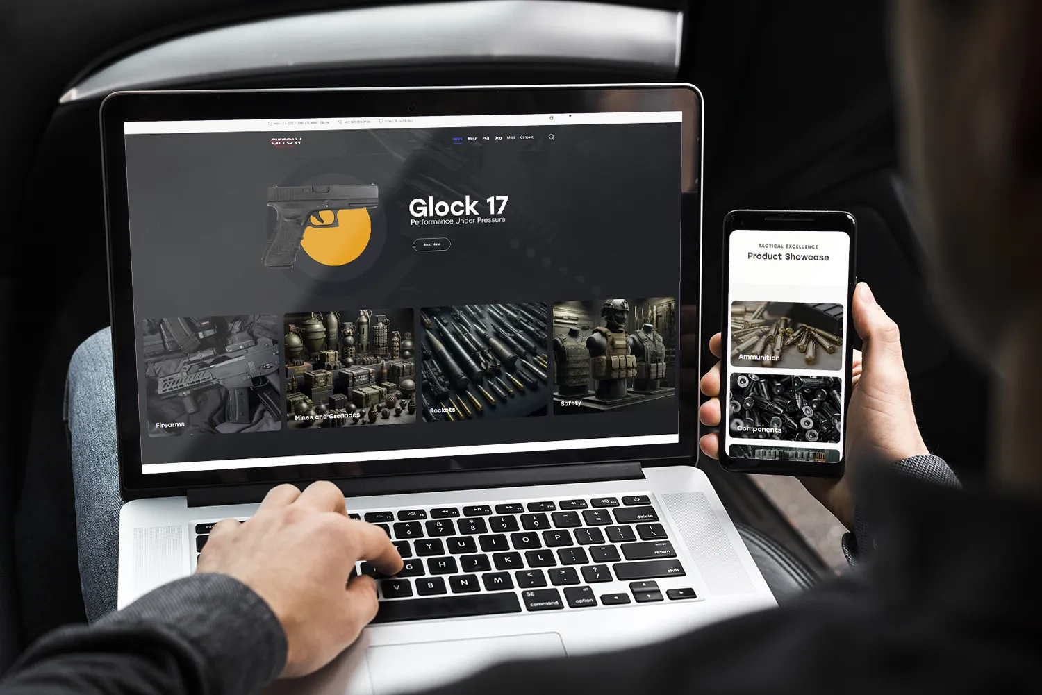 Sakarya e-ticaret sitesi için koyu temalı savunma mağazası vitrini