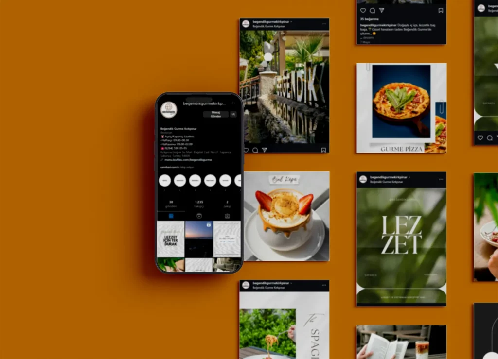 Restoran markası Beğendik Gurme için Instagram grid ve post tasarımları; mobil ekranda hesap görünümü