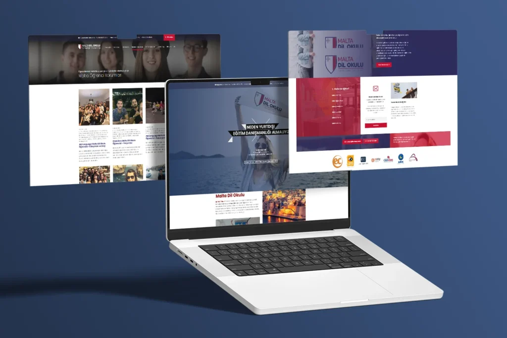 Laptop üzerinde Malta Dil Okulu web sitesi; ana sayfa, içerik ve iletişim sayfaları tasarım mockup’ı