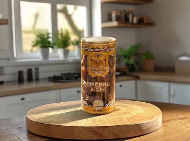 Mecdul Jumbo – 500 g Osmanlı Hurma Mecdul Jumbo 500 g; yuvarlak ahşap sunum tahtası üzerinde, aydınlık mutfakta. - Ambalaj Tasarımı