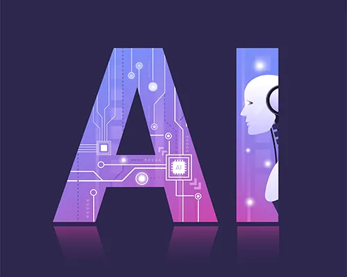Yapay zeka temalı AI harfleri ve robot yüzü içeren teknoloji illüstrasyonu