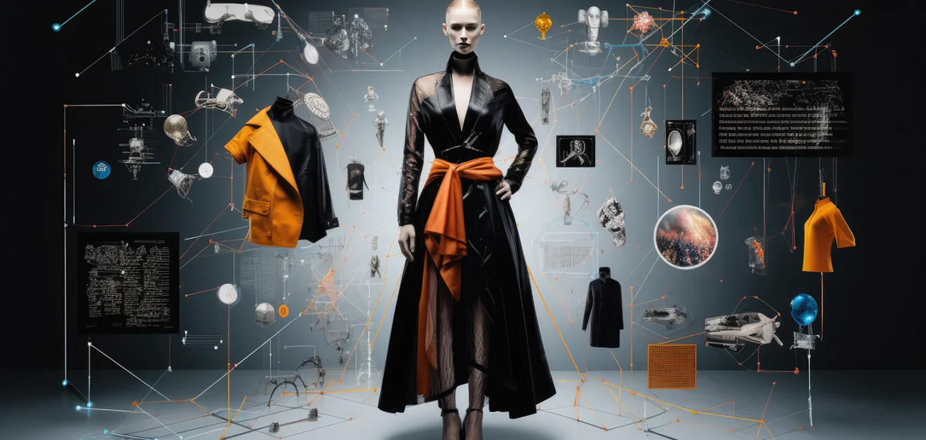 Yapay zeka destekli analizlerle moda trendlerini yorumlayan kadın model ve dijital grafikler.