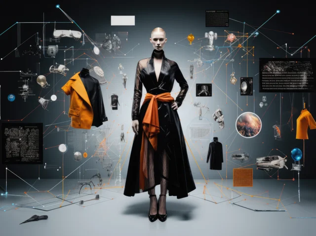 Yapay zeka destekli analizlerle moda trendlerini yorumlayan kadın model ve dijital grafikler.