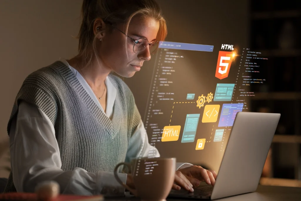Kafe ortamında açık bir laptopta kurumsal web sitesi arayüzü görülüyor. Dönüşüm odaklı web tasarımın sahadaki kullanımını temsil eder.